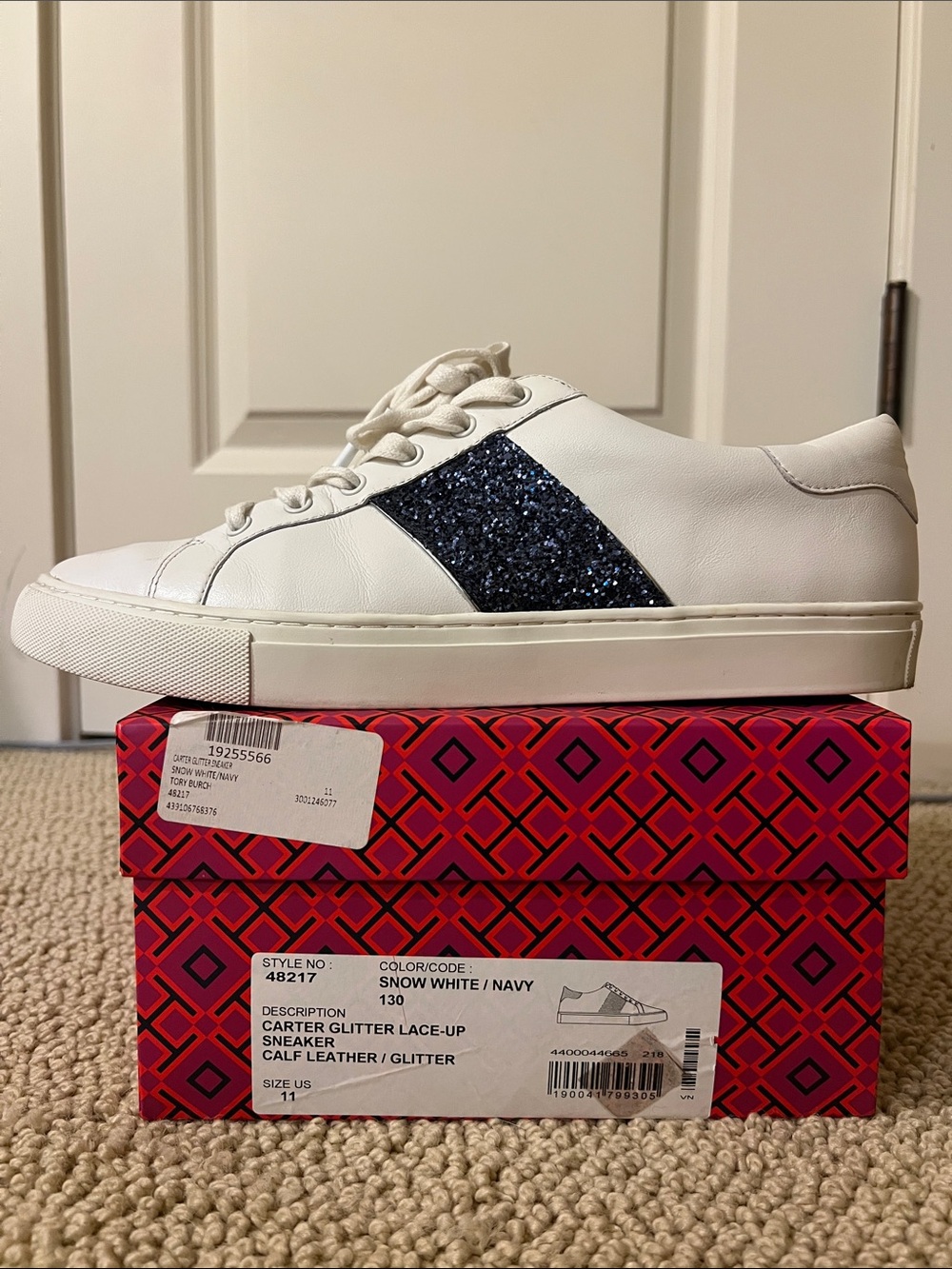 Tory Burch White Leather Sneaker with Navy Glitter Panel